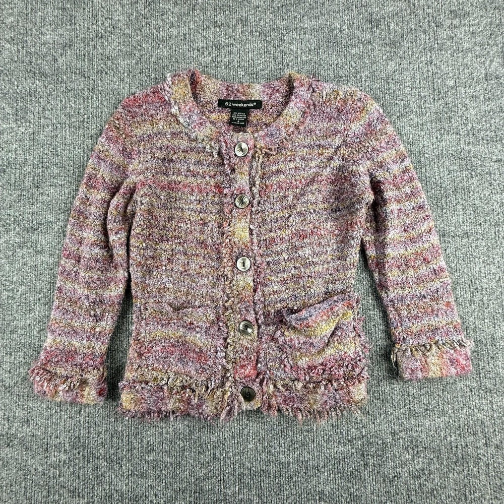 Y2K 52 Weekends Cardigan Sweater Womens Small‎ Multicolor Fringe Knit Pockets